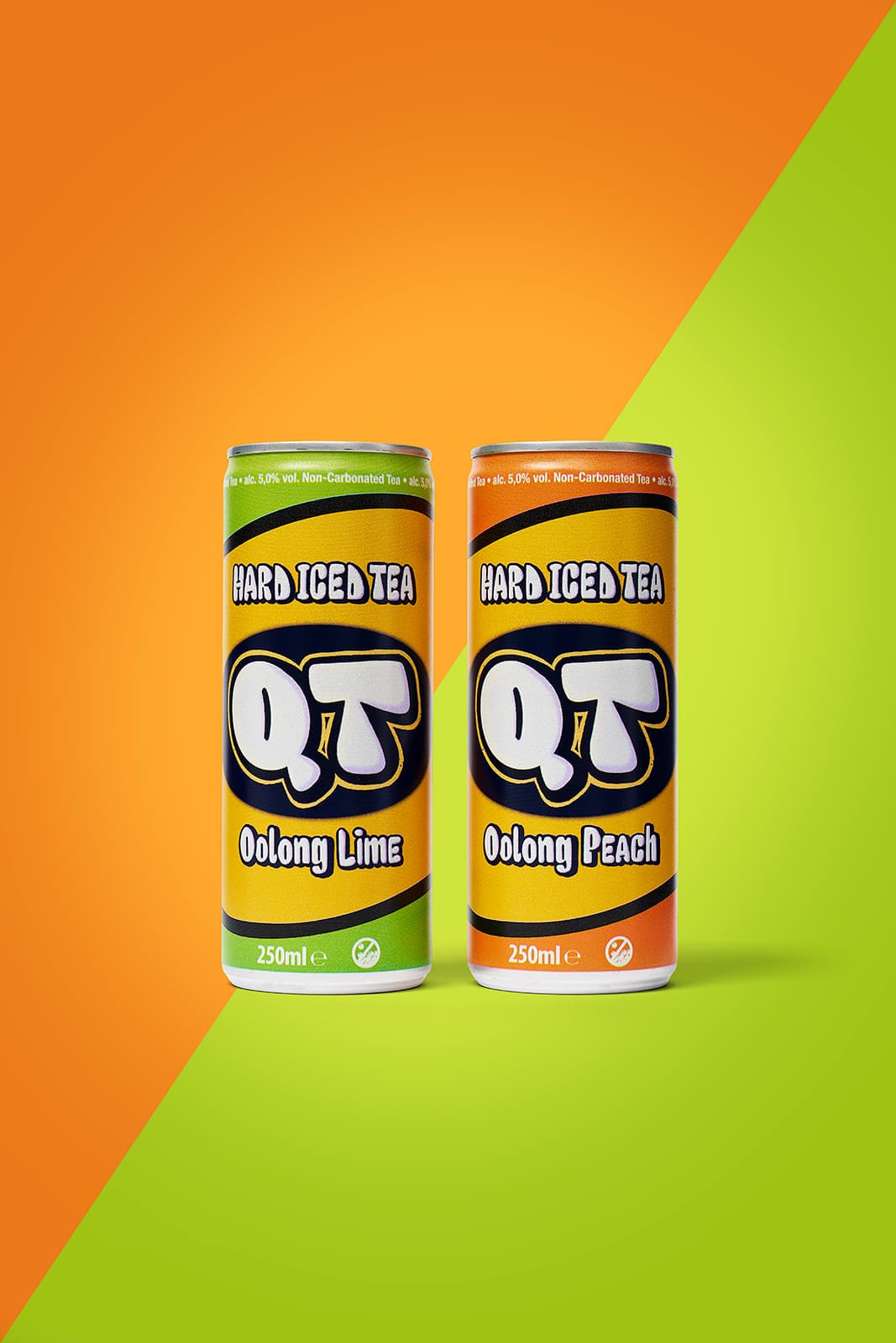 QT Oolong Lime and Oolong Peach cans side by side